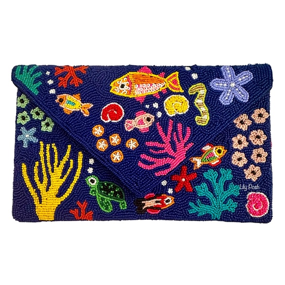Lily Posh Handbags - Lily Posh Beaded Marine Life Crossbody Clutch Bag, Summer Beach Vacation Bag